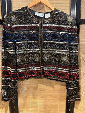 Vintage Beaded Embellished Black Jacket with Red & Blue Accents
